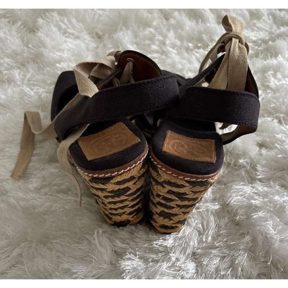 Tory Burch Linley Lace Up Espadrille Wedge Sandals Black Canvas Chevron Platform